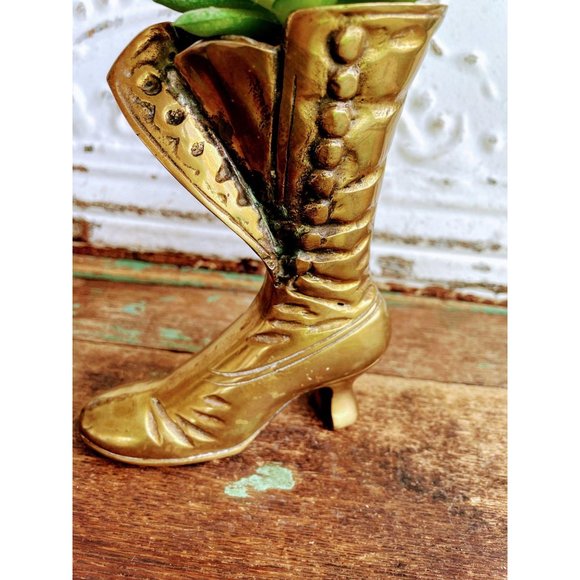 Vintage Brass Victorian Boot Vase Planter - Picture 2 of 13